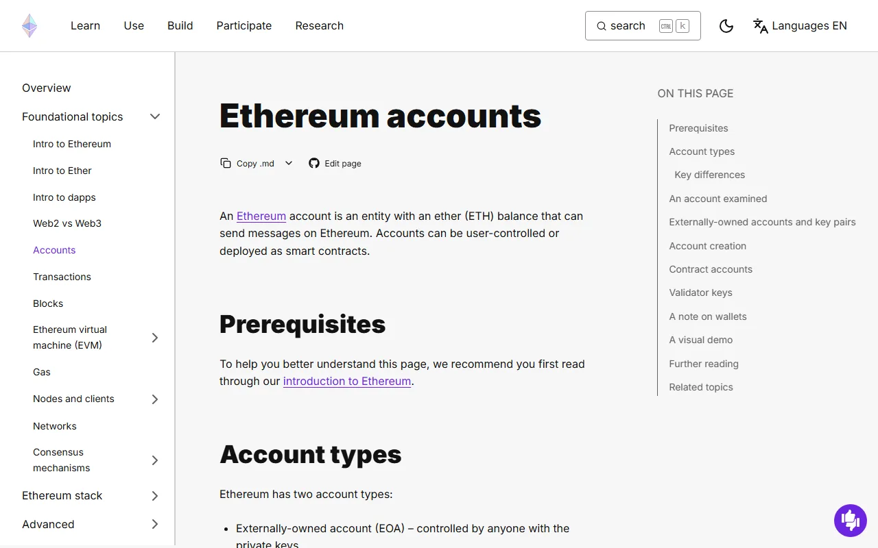 Ethereum Accounts ഔദ്യോഗിക രേഖയുടെ സ്ക്രീൻഷോട്ട്