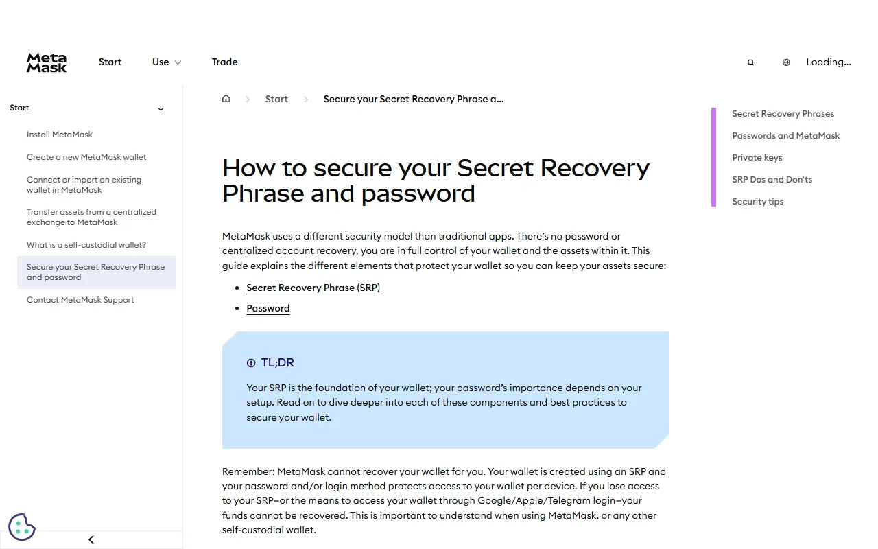 MetaMask 官方說明頁「How to secure your Secret Recovery Phrase and password」,內文指出 MetaMask 沒有密碼重設或集中式帳戶復原機制,助記詞是錢包的根基,一旦遺失資金無法找回