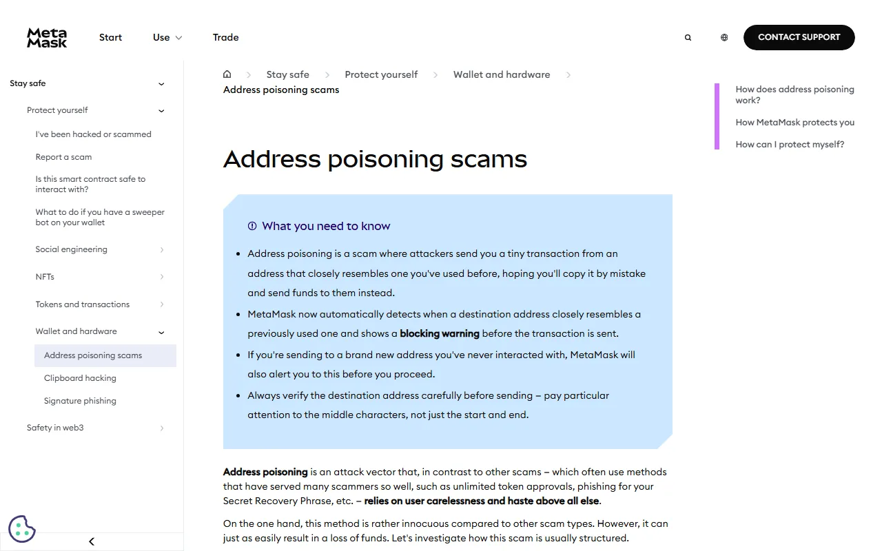 MetaMask-ന്റെ ഔദ്യോഗിക Address poisoning scams സഹായ പേജ്, ആക്രമണം എങ്ങനെ നടക്കുന്നു എന്നും MetaMask blocking warning കാണിക്കുന്നു എന്നും വിശദീകരിക്കുന്ന നാല് പോയിന്റുകൾ സഹിതം