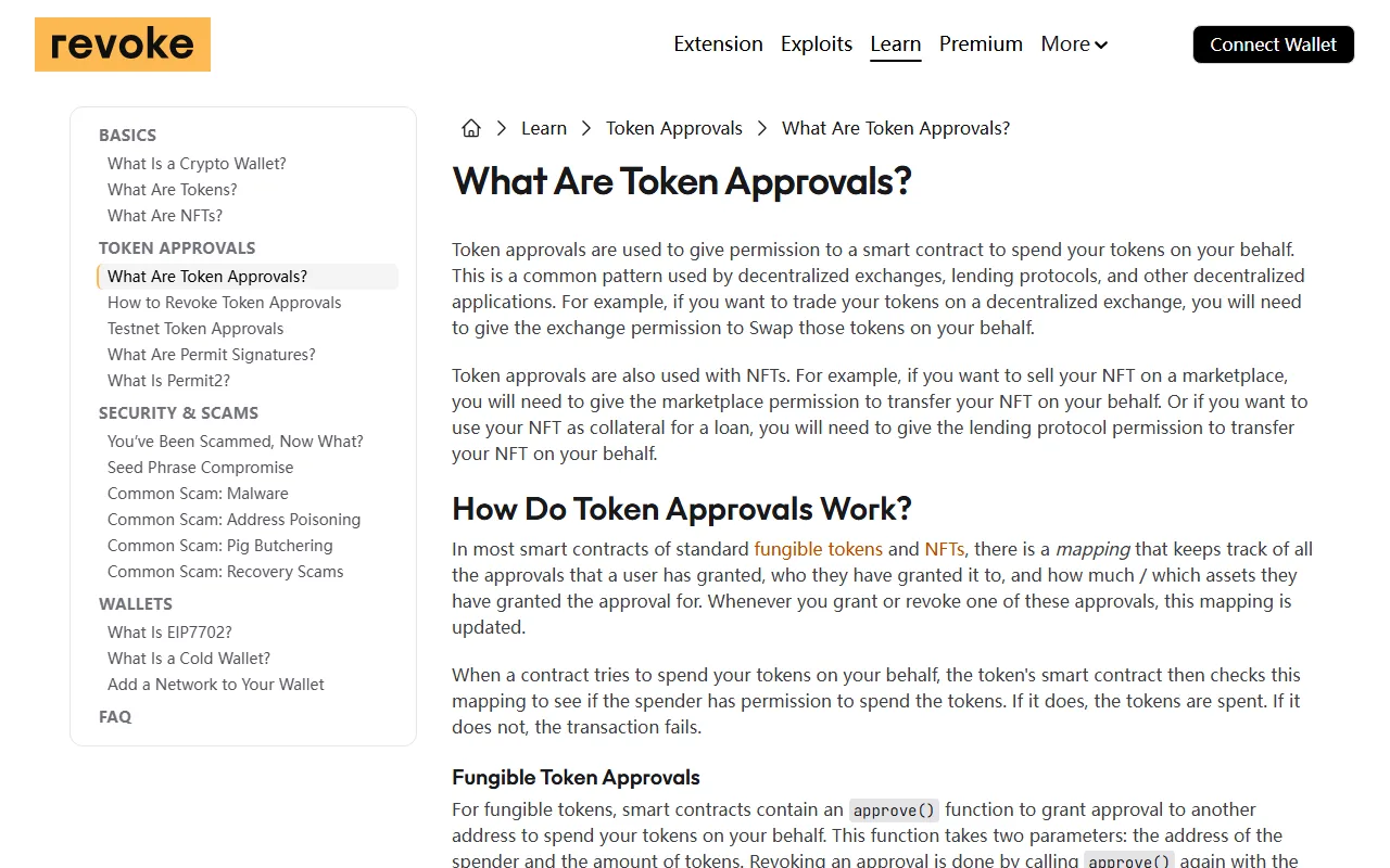 Revoke.cash-ന്റെ Learn വിഭാഗത്തിലെ "What Are Token Approvals?" പേജ്, token approval എന്നാൽ smart contract-ന് നിങ്ങളുടെ ടോക്കൺ ചെലവഴിക്കാനുള്ള അനുമതിയാണെന്നും approve() ഫംഗ്ഷൻ എങ്ങനെ പ്രവർത്തിക്കുന്നു എന്നും വിശദീകരിക്കുന്നു