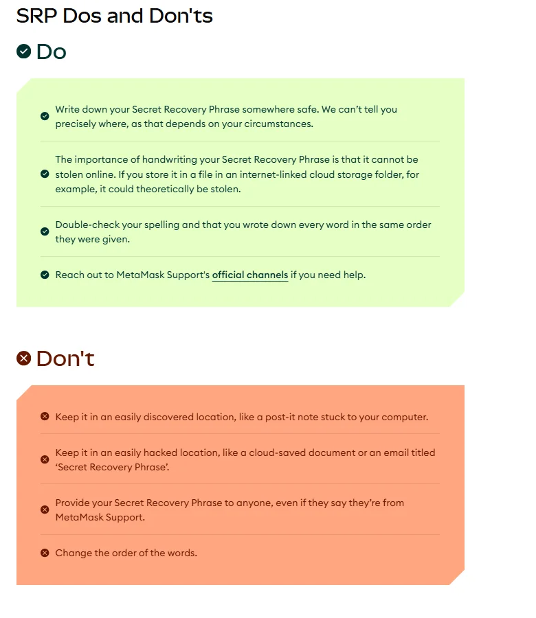 MetaMask ഔദ്യോഗിക പേജിലെ SRP Dos and Don'ts ഭാഗം — കൈകൊണ്ട് എഴുതാനും അക്ഷരവും വാക്കുകളുടെ ക്രമവും രണ്ടുതവണ പരിശോധിക്കാനും പറയുന്ന പച്ച Do പട്ടികയും, cloud ഫയലിൽ സൂക്ഷിക്കരുത്, ആരോടും പറയരുത്, വാക്കുകളുടെ ക്രമം മാറ്റരുത് എന്ന് പറയുന്ന ഓറഞ്ച് Don't പട്ടികയും