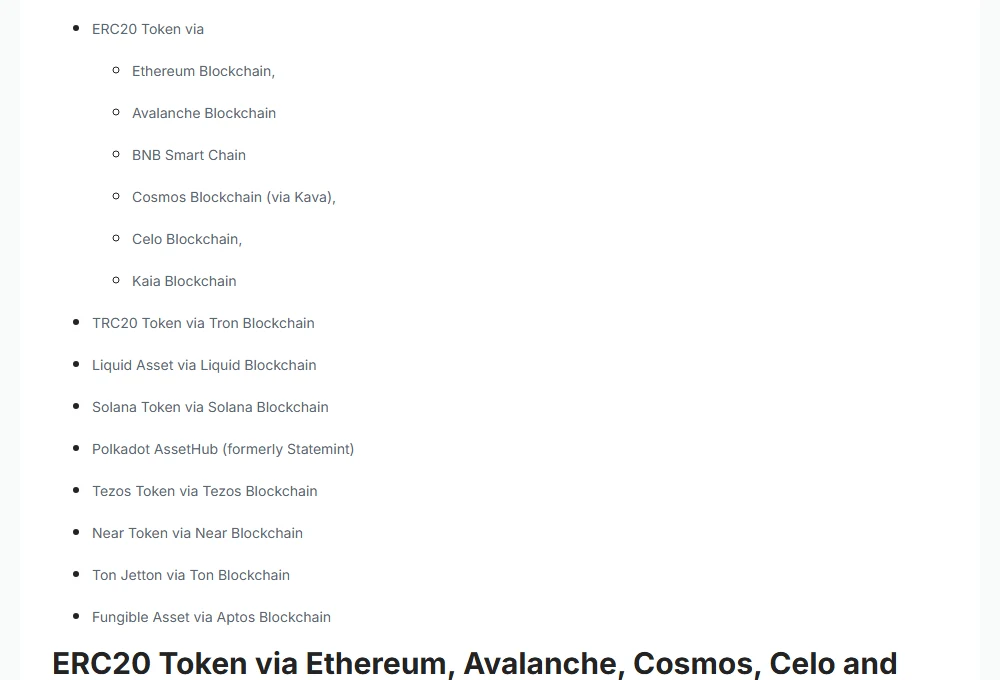 Tether-ന്റെ ഔദ്യോഗിക supported protocols പേജിലെ പട്ടിക: ERC20 Token via Ethereum, Avalanche, BNB Smart Chain, Cosmos via Kava, Celo, Kaia; തുടർന്ന് TRC20 via Tron, Liquid, Solana, Polkadot AssetHub, Tezos, Near, Ton, Aptos
