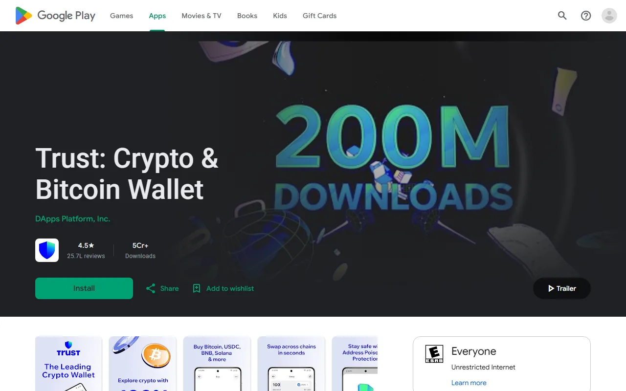 Google Play-യിലെ "Trust: Crypto & Bitcoin Wallet" ആപ്പ് പേജ്. ആപ്പിന്റെ പേരിന് താഴെ ഡെവലപ്പറുടെ പേര് DApps Platform, Inc. എന്ന് പച്ച നിറത്തിൽ, അതിന് താഴെ 4.5 റേറ്റിങ്, 25.7L reviews, 5Cr+ Downloads എന്നീ വിവരങ്ങളും Install ബട്ടണും കാണാം